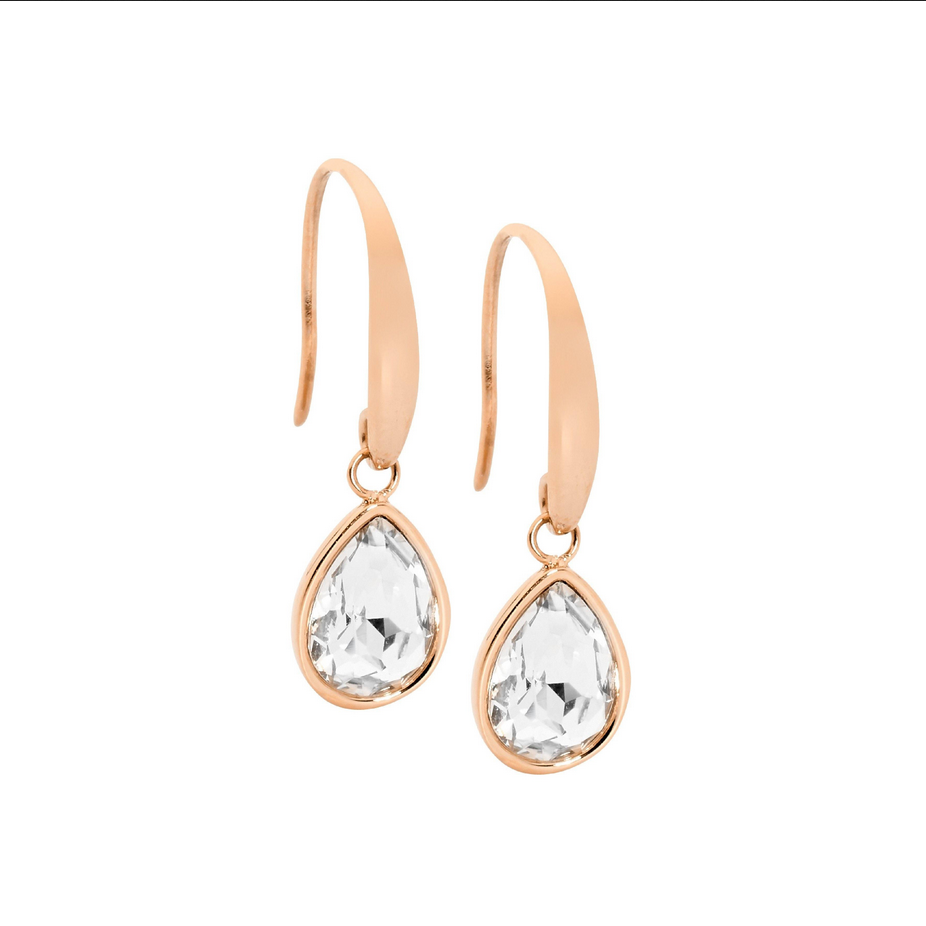Ellani Stainless Steel Rose Gold Plated Tear Drop Earring with Clear Stone