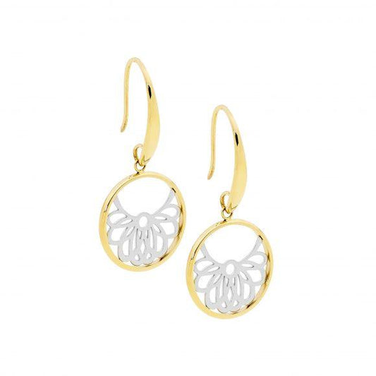 Ellani Stainless Steel Gold Plated Circle Filigree Drop Earrings