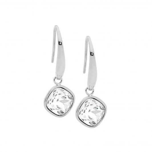 Ellani Stainless Steel Square Drop Earrings with Clear Glass Stone
