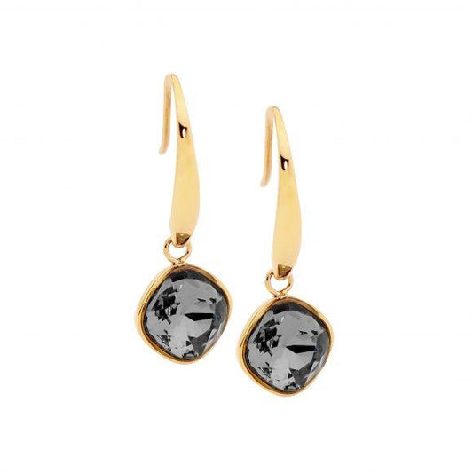 Ellani Stainless Steel Gold Plated Square Drop Earrings with Black Smokey Glass Stone