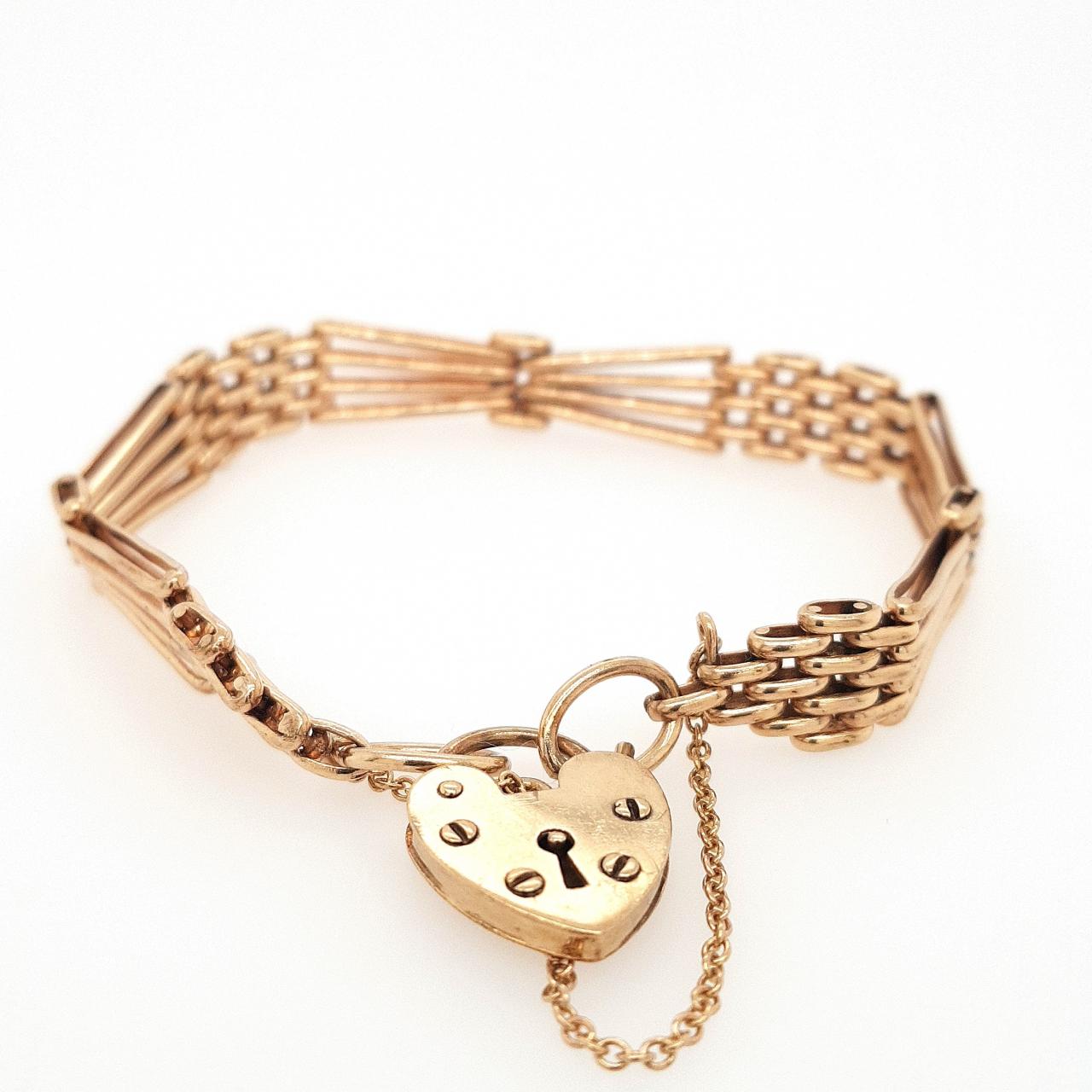 Estate 9ct Yellow Gold Gate Bracelet With Heart Padlock & Safety Chain
