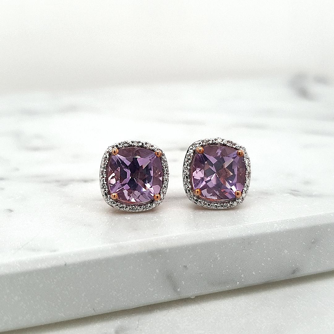 Amethyst & Diamond 9k Rose Gold Halo Stud Earrings