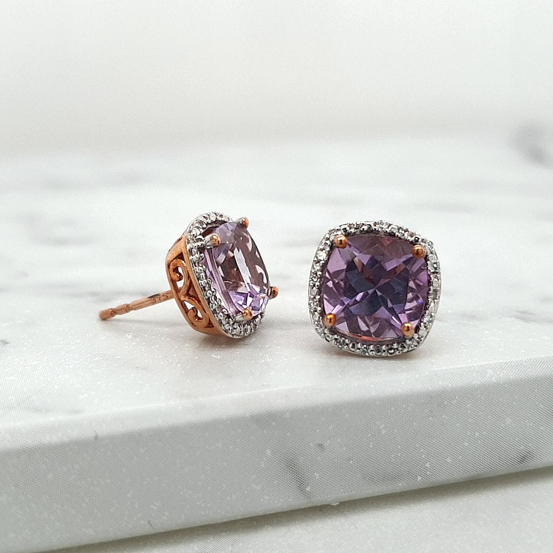 Amethyst & Diamond 9k Rose Gold Halo Stud Earrings