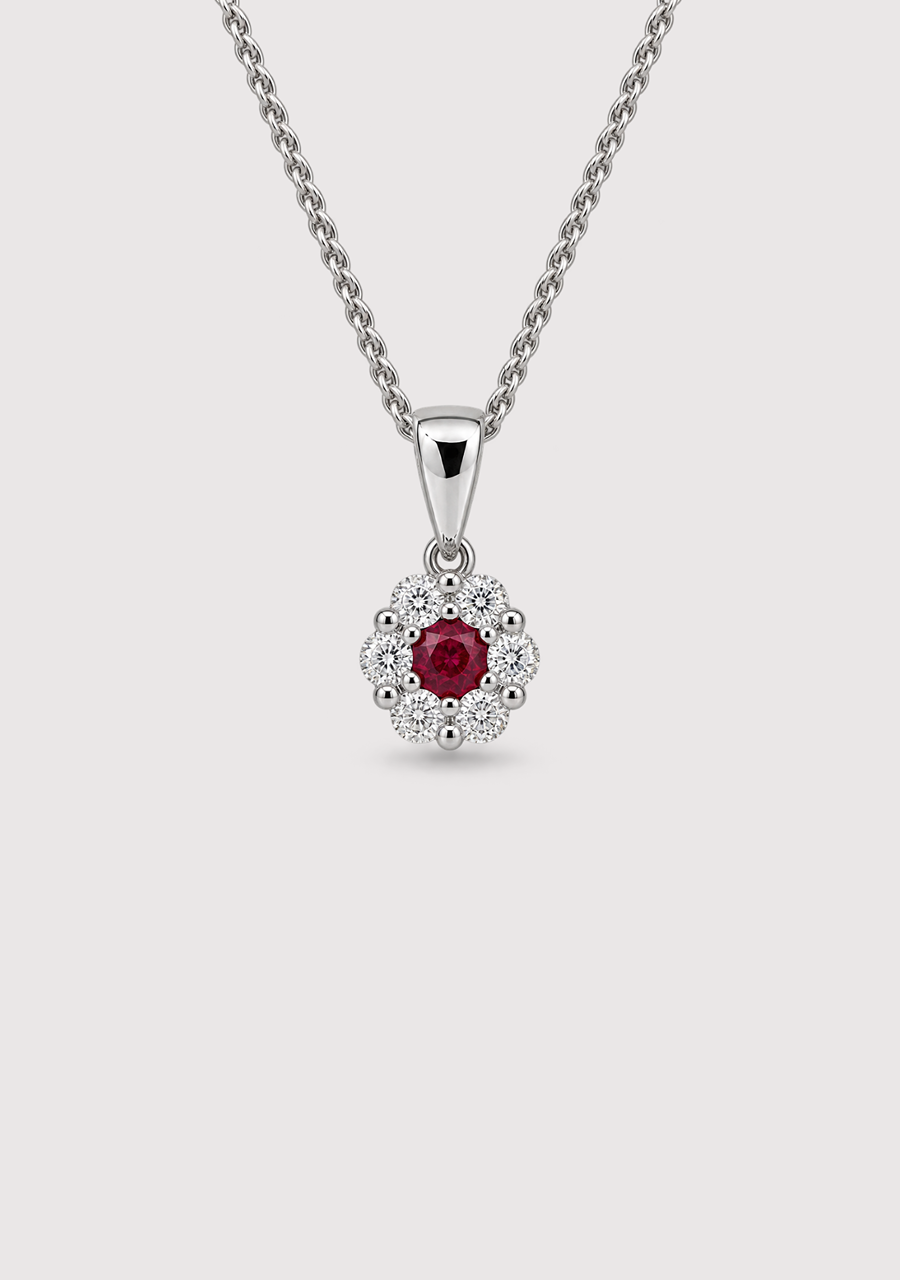 Ruby & Diamond 9ct White Gold Cluster Pendant