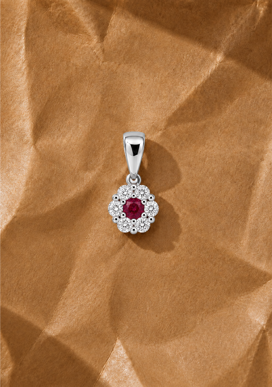 Ruby & Diamond 9ct White Gold Cluster Pendant