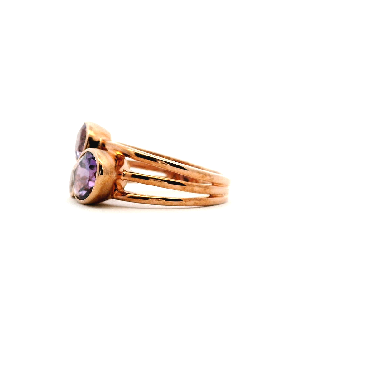 Amethyst & Morganite 9k Rose Gold Bezel Set Three Stone Split Band Ring