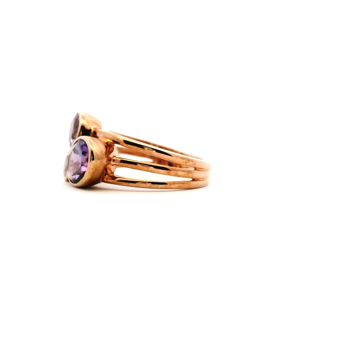 Amethyst & Morganite 9ct Rose Gold Bezel Set Three Stone Split Band Ring