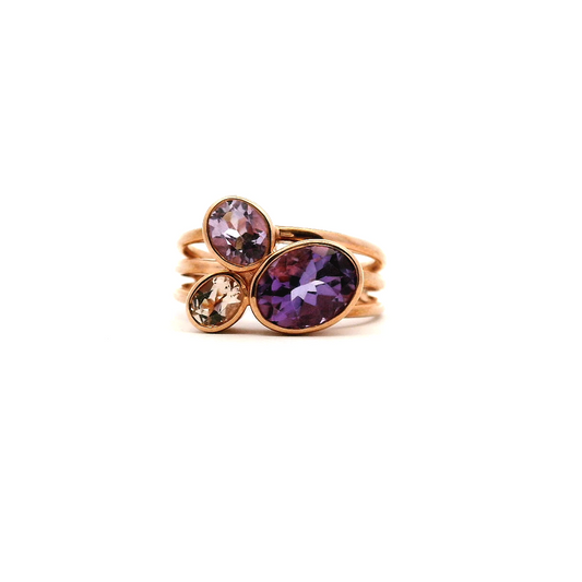 Amethyst & Morganite 9ct Rose Gold Bezel Set Three Stone Split Band Ring