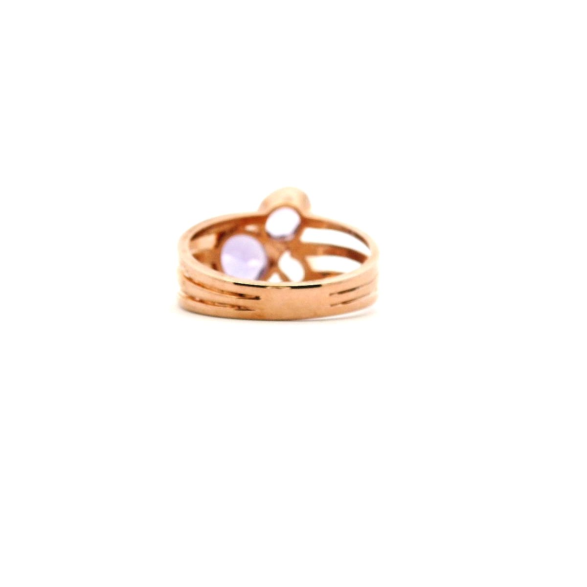 Amethyst & Morganite 9k Rose Gold Bezel Set Three Stone Split Band Ring