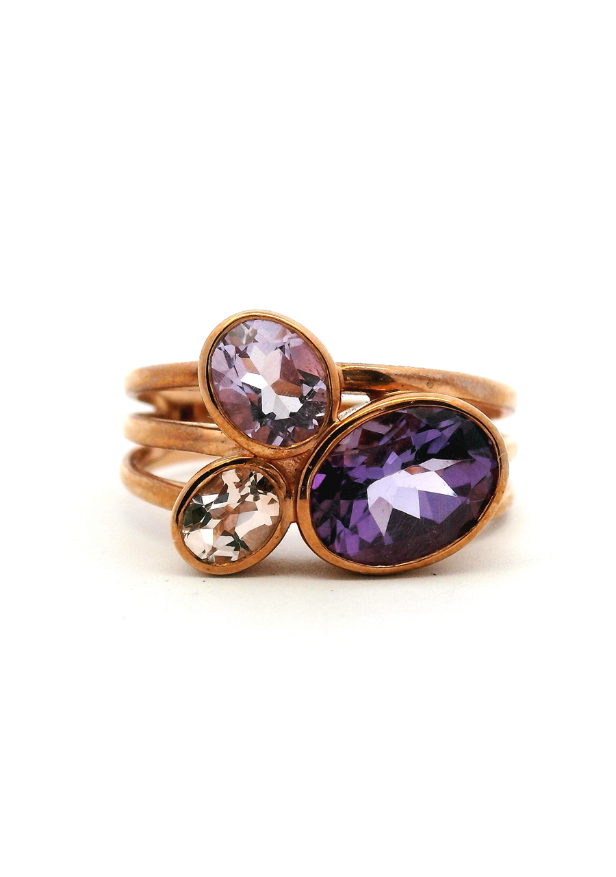 Amethyst & Morganite 9k Rose Gold Bezel Set Three Stone Split Band Ring