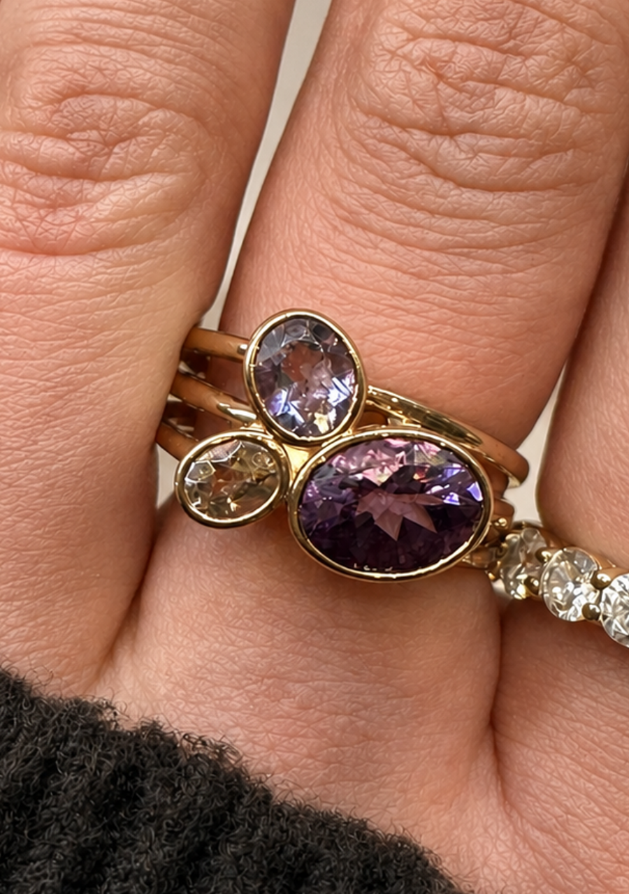 Amethyst & Morganite 9k Rose Gold Bezel Set Three Stone Split Band Ring