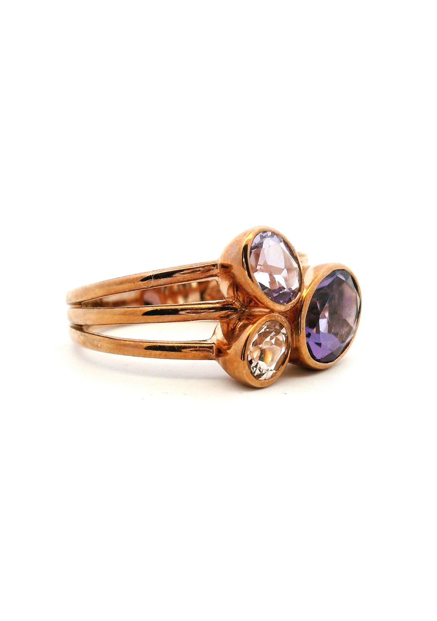 Amethyst & Morganite 9k Rose Gold Bezel Set Three Stone Split Band Ring