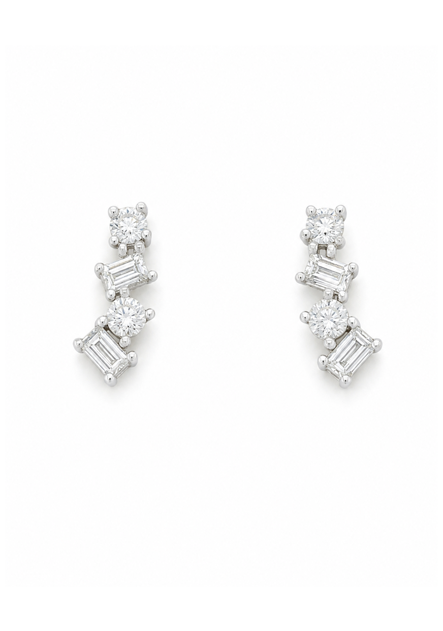 Diamond 9ct Yellow Gold Baguette and Round Stud Earrings