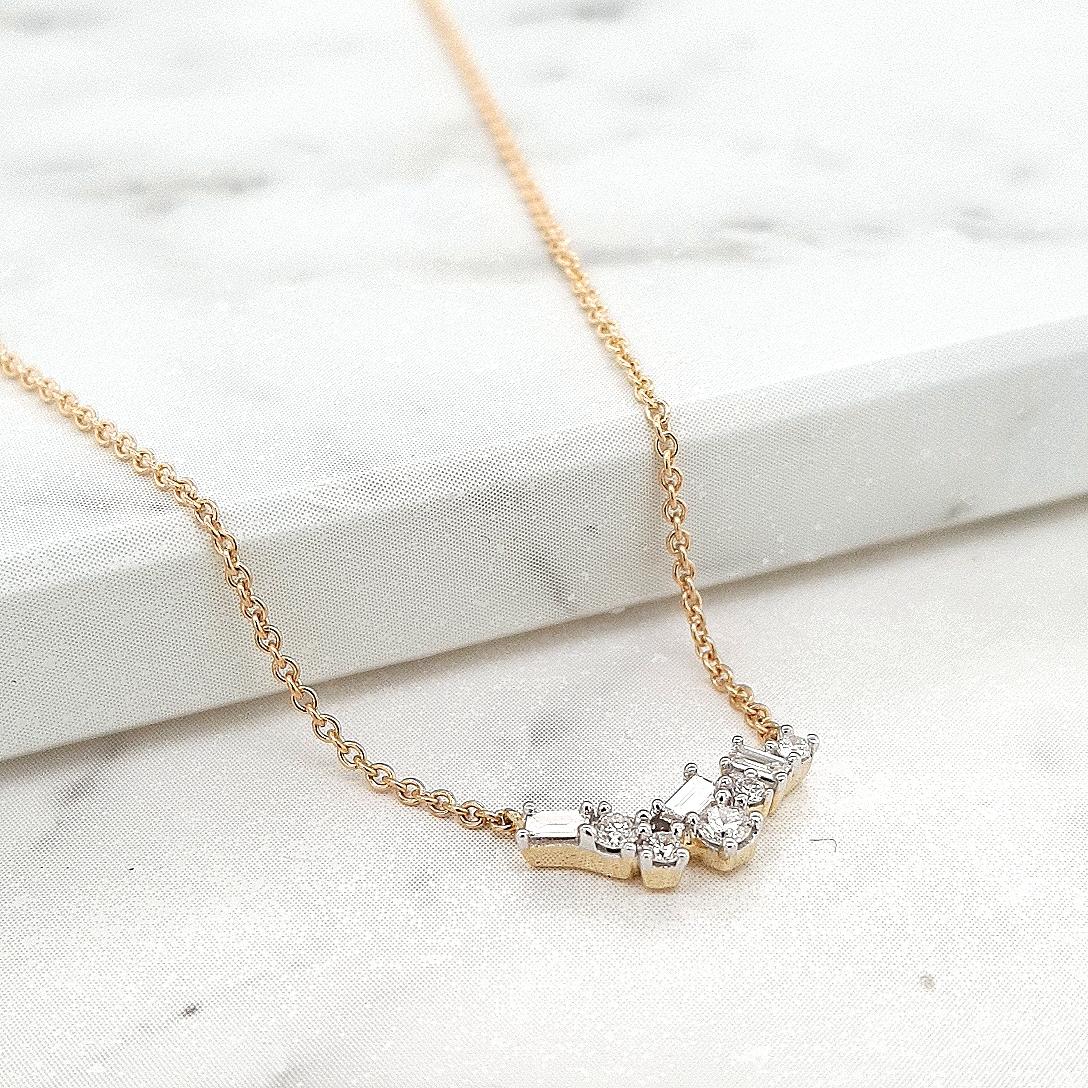 Diamond 9ct Yellow Gold 0.15ct Baguette and Round Necklace