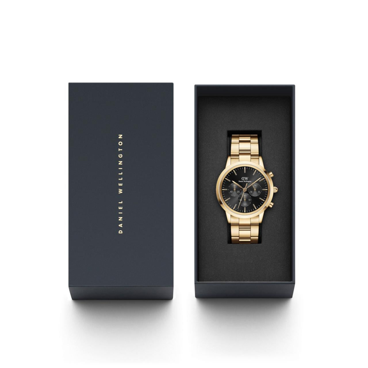 Daniel Wellington 42mm Gold Iconic Chronograph Link Strap Watch with Black Dial