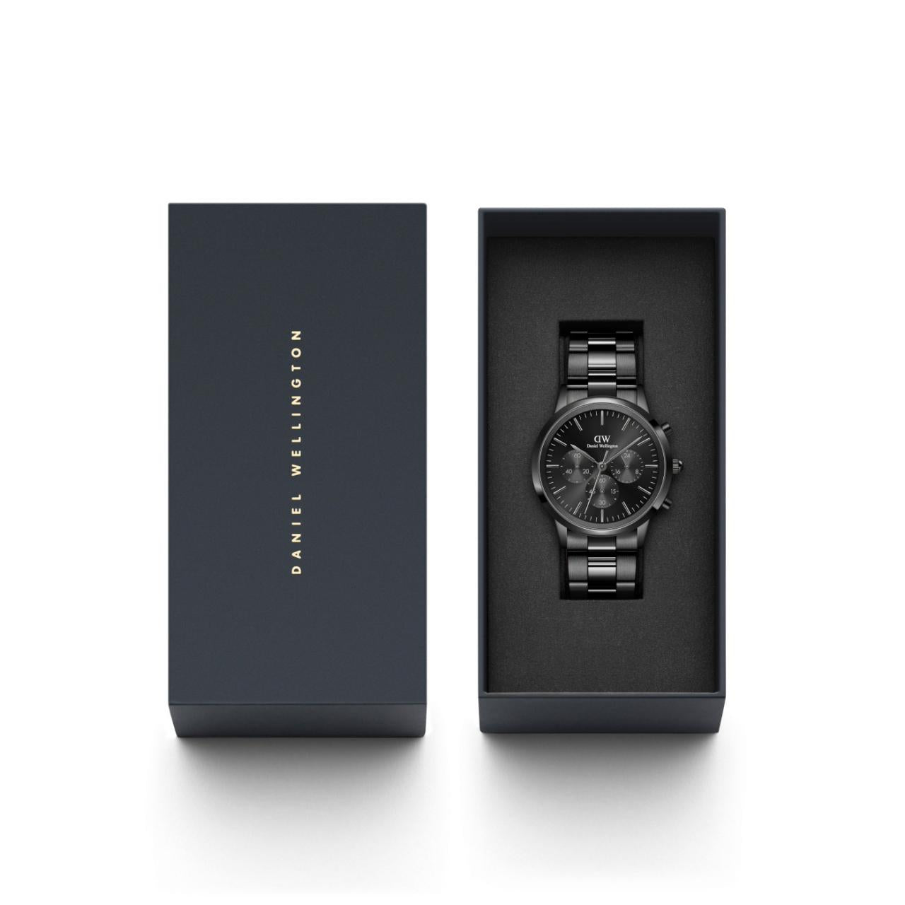 Daniel Wellington 42mm Black Iconic Chronograph Link Strap Watch with Black Dial
