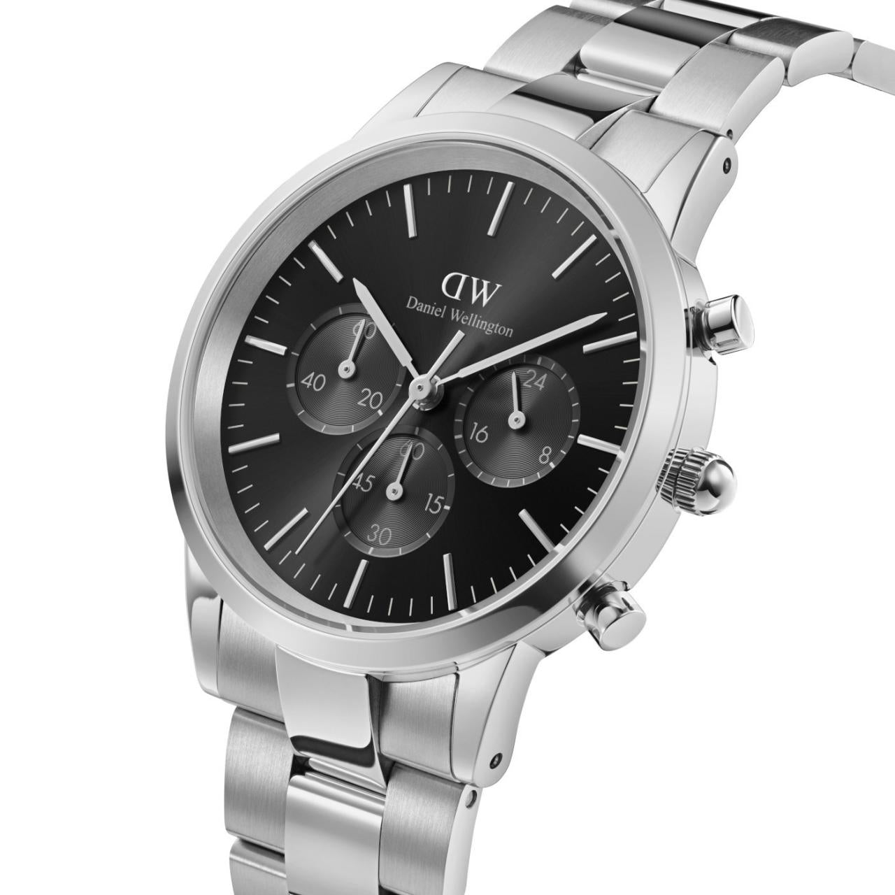 Daniel Wellington 42mm Silver Iconic Chronograph Link Strap Watch with Black Dial