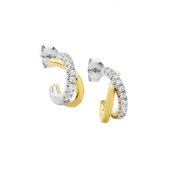 Ellani Sterling Silver Yellow Gold Plated Cubic Zirconia Cross Over Hoop Earrings