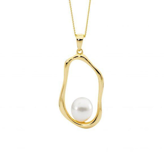 Ellani Sterling Silver Yellow Gold Plated Open Oval Fresh Water Pearl Pendant