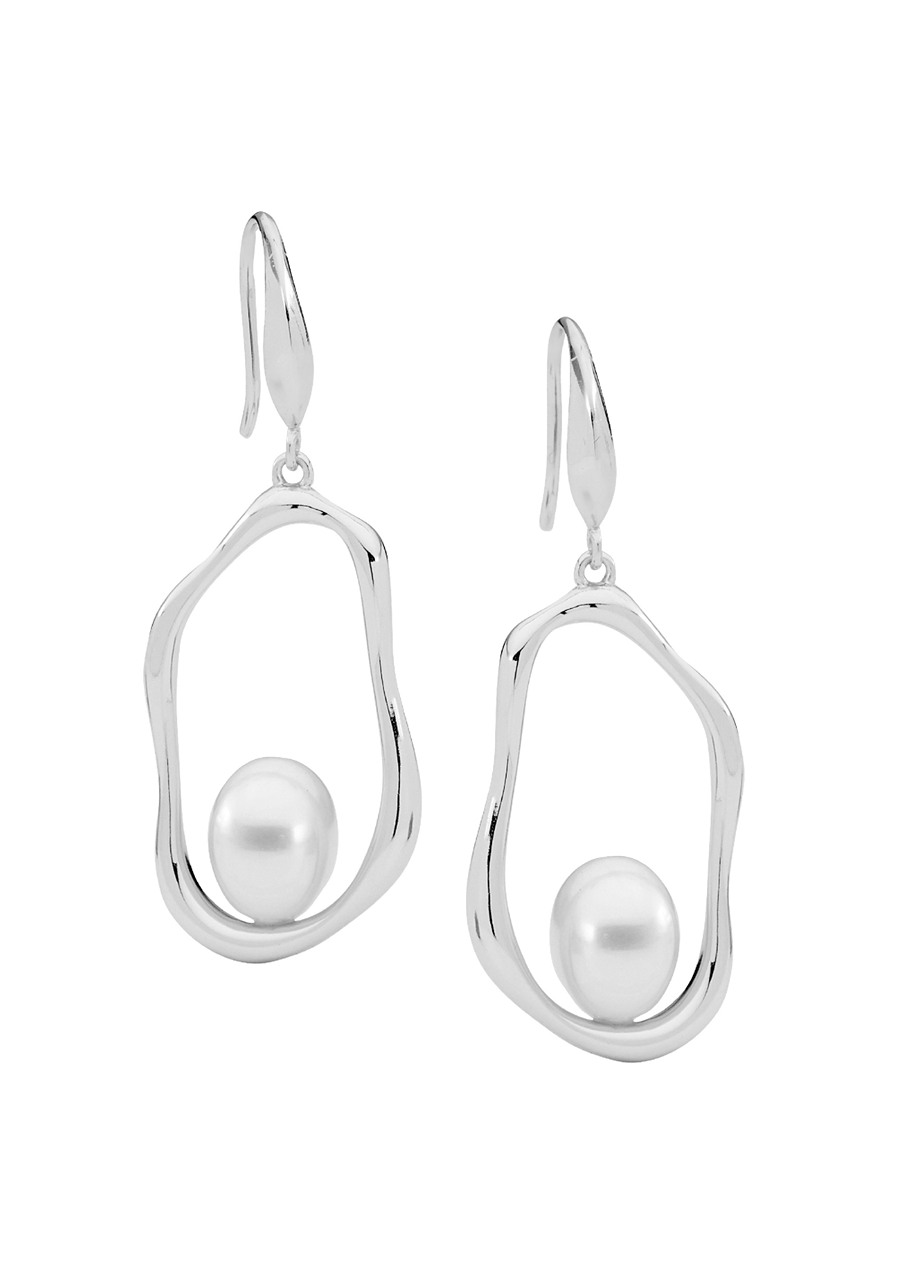 Ellani Sterling Silver Open Oval Fresh Water Pearl Hook Earrings