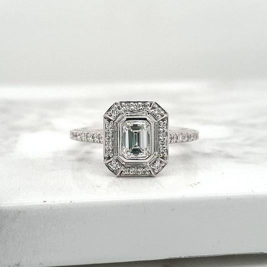 18ct White Gold Emerald Cut Halo Engagement Ring
