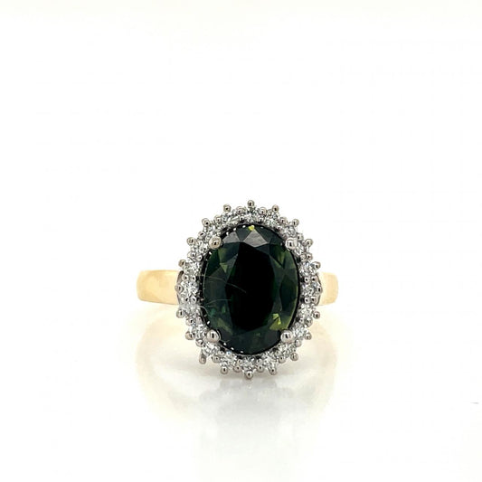 Green Sapphire & Diamond 18k Yellow & White Gold Cluster Ring