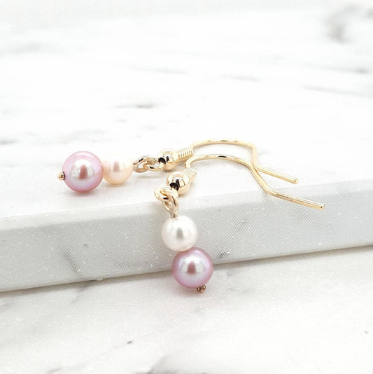 9k Yellow Gold Pink & White Pearl Drop Hook Earrings - Pearl
