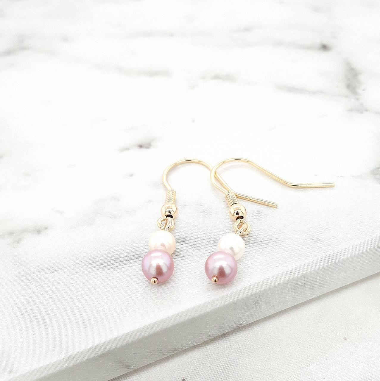 9k Yellow Gold Pink & White Pearl Drop Hook Earrings - Pearl