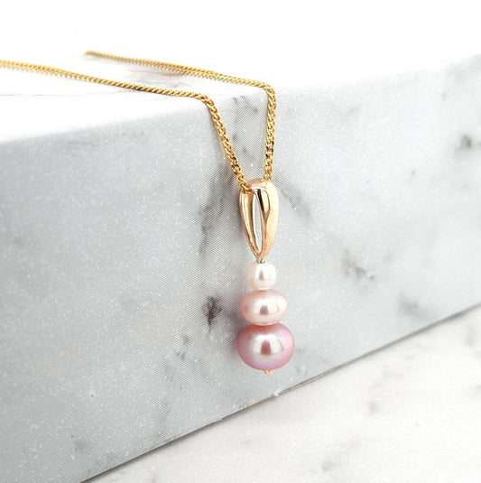 9k Yellow Gold Pink & White Pearl Graduated Drop Pendant - Pearl