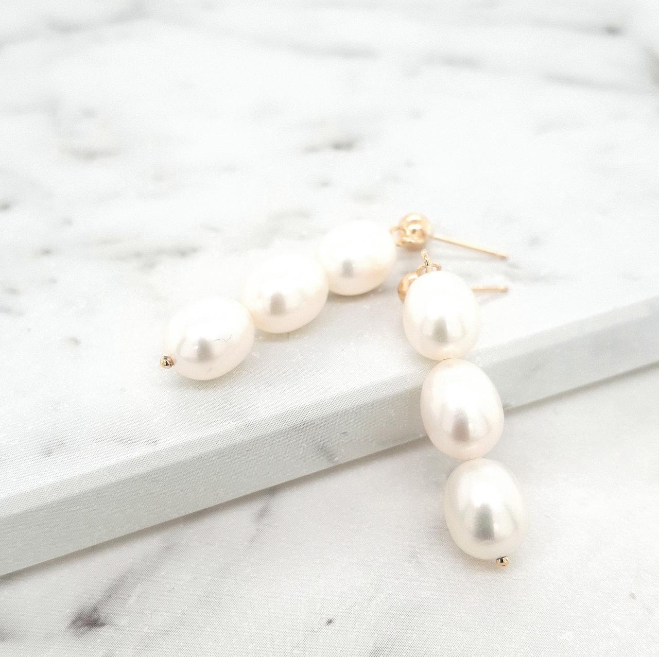 9k Yellow Gold White Pearl Drop Earrings - Pearl