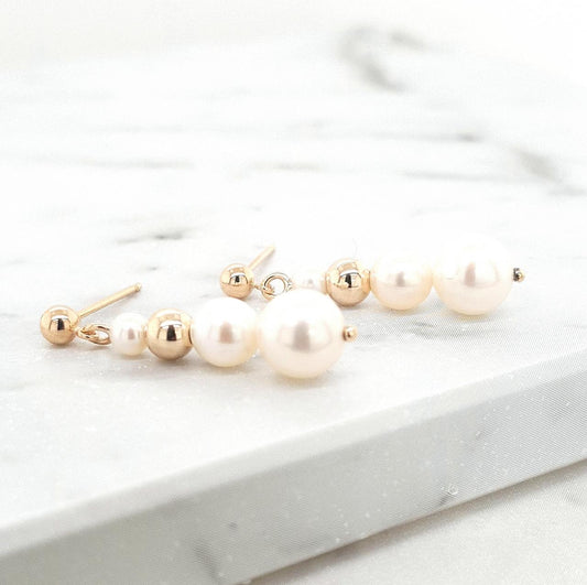 9k Yellow Gold White Pearl Drop Stud Earrings - Pearl
