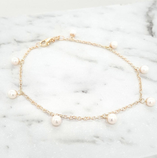 9k Yellow Gold Cable Link Bracelet with Pearl Drops - Pearl