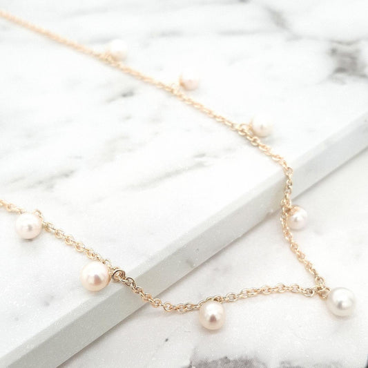 9k Yellow Gold Cable Link Necklace with Pearl Drops - Pearl
