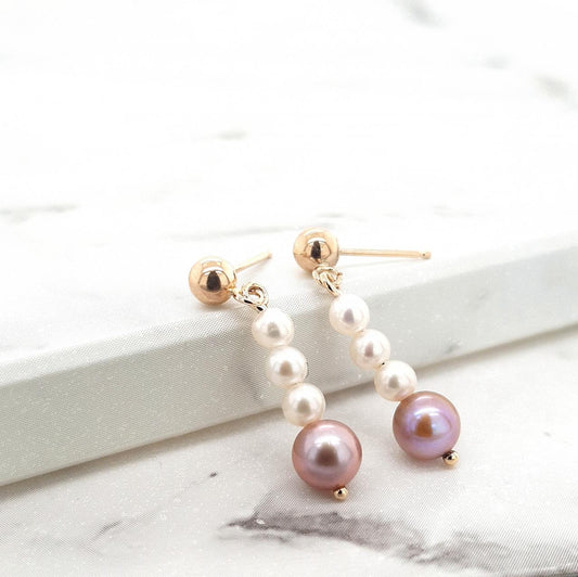 9k Yellow Gold Pink & White Pearl Drop Earrings - Pearl