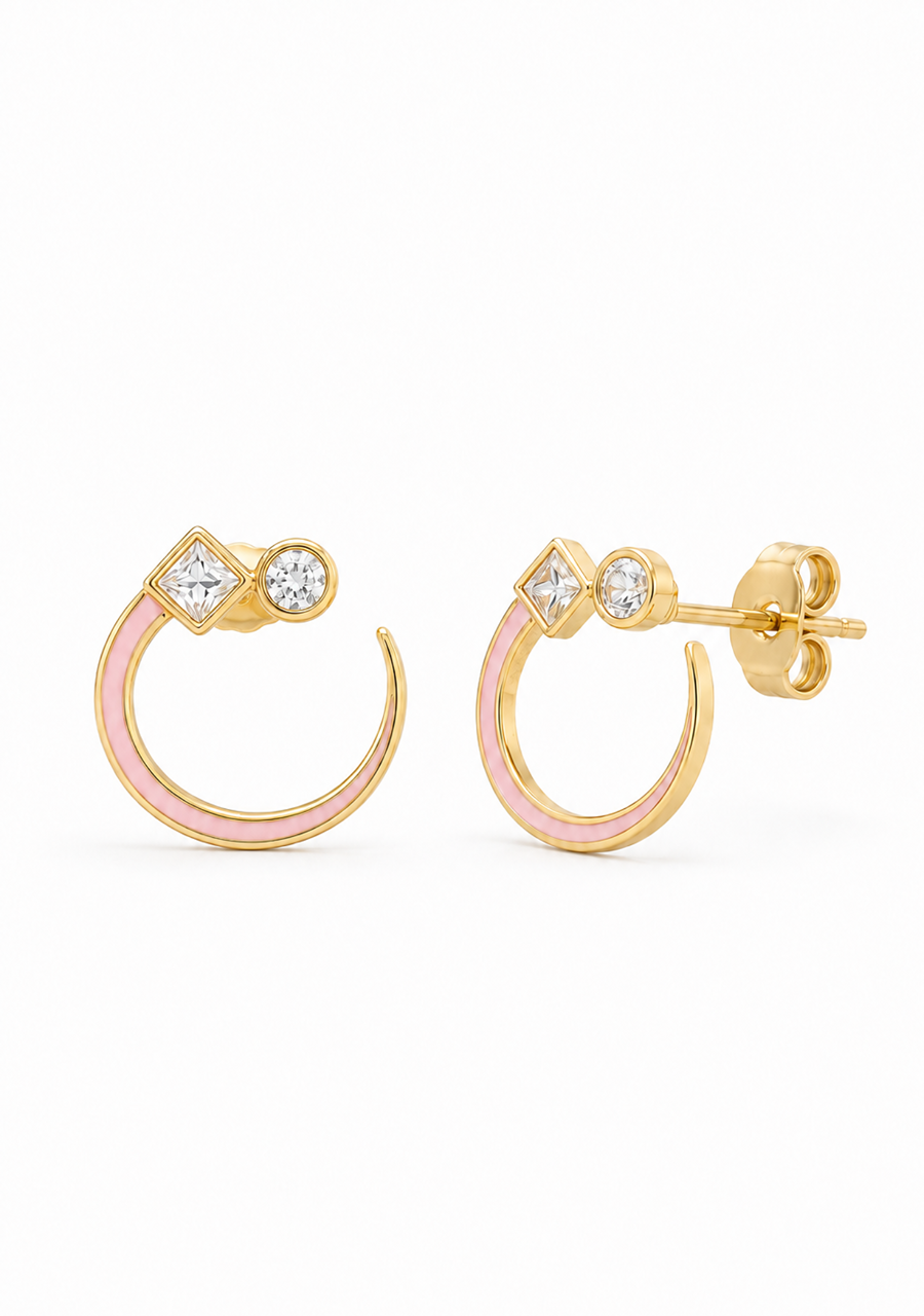 Yellow Gold Plated Pink Enamel & CZ Stud Earrings