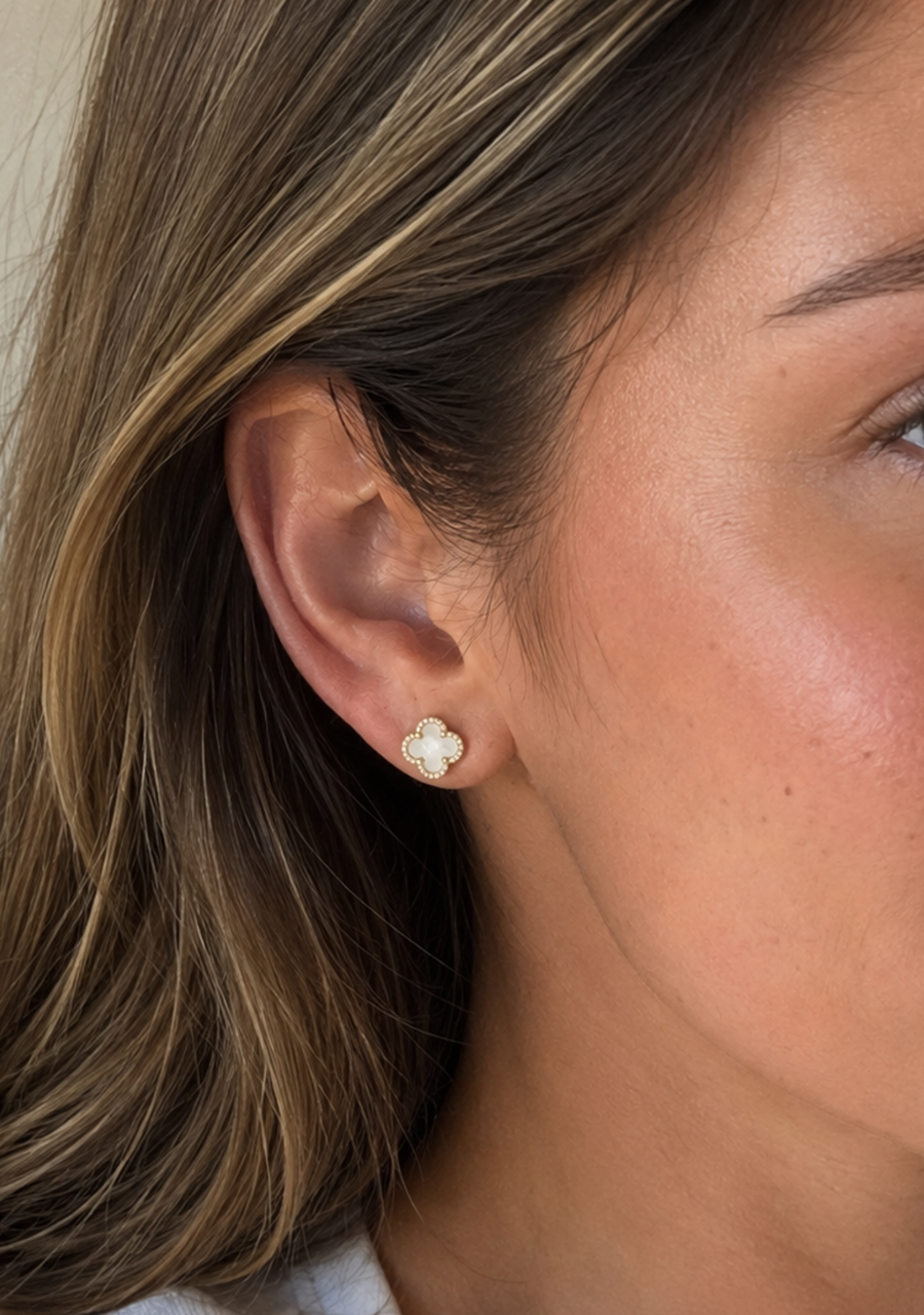 9ct Yellow Gold Mother of Pearl Cubic Zirconia Clover Stud Earrings