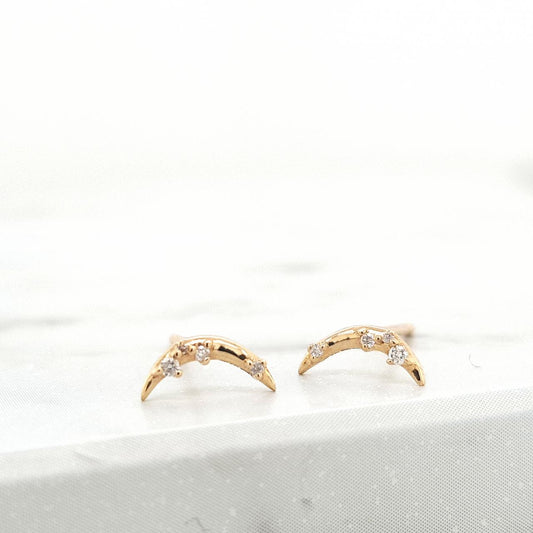 14k Yellow Gold Diamond Moon Stud Earrings