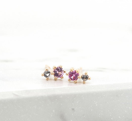 Pink Sapphire & White Sapphire 14k Yellow Gold Two Stone Stud Earrings