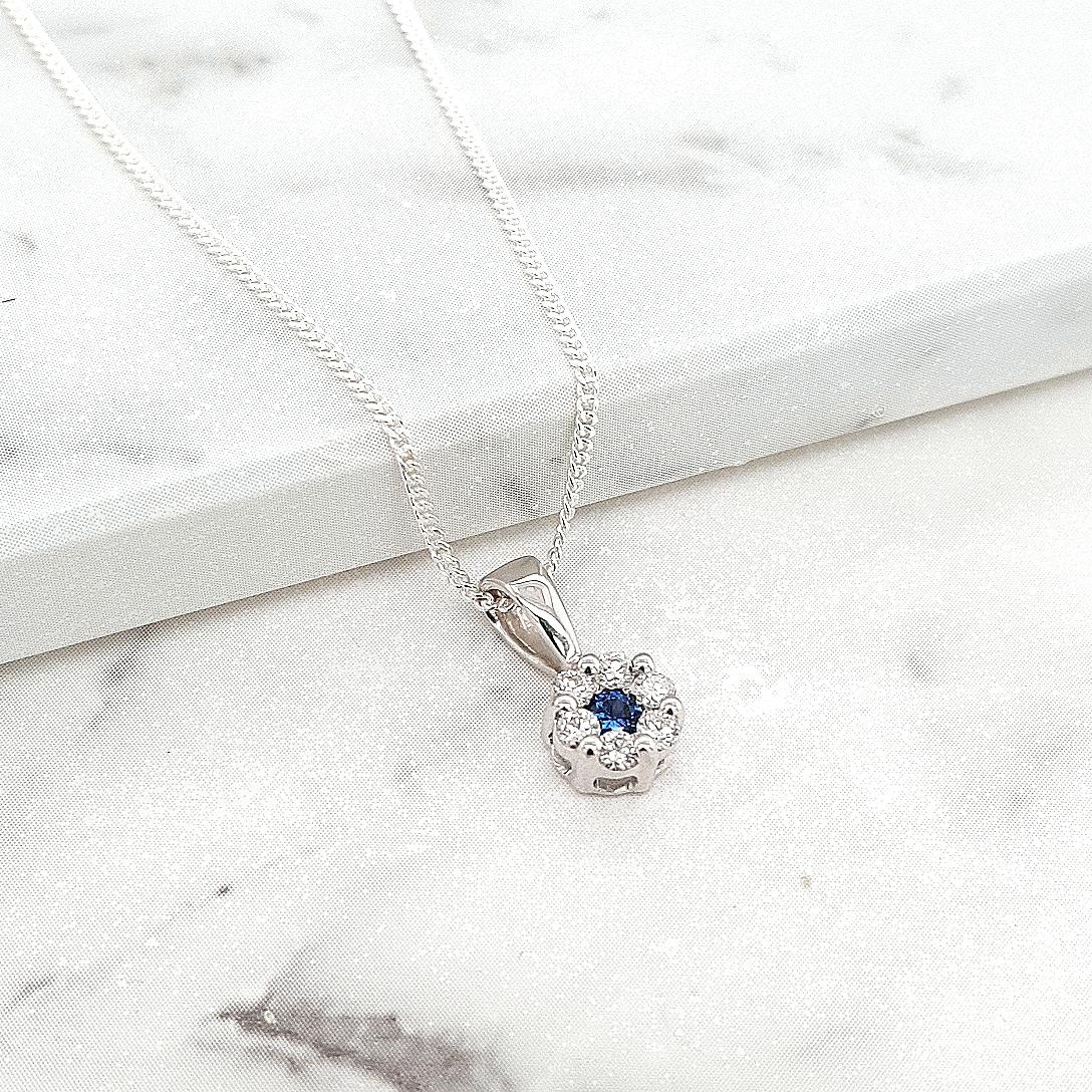 Sapphire & Diamond 9ct White Gold Cluster Pendant