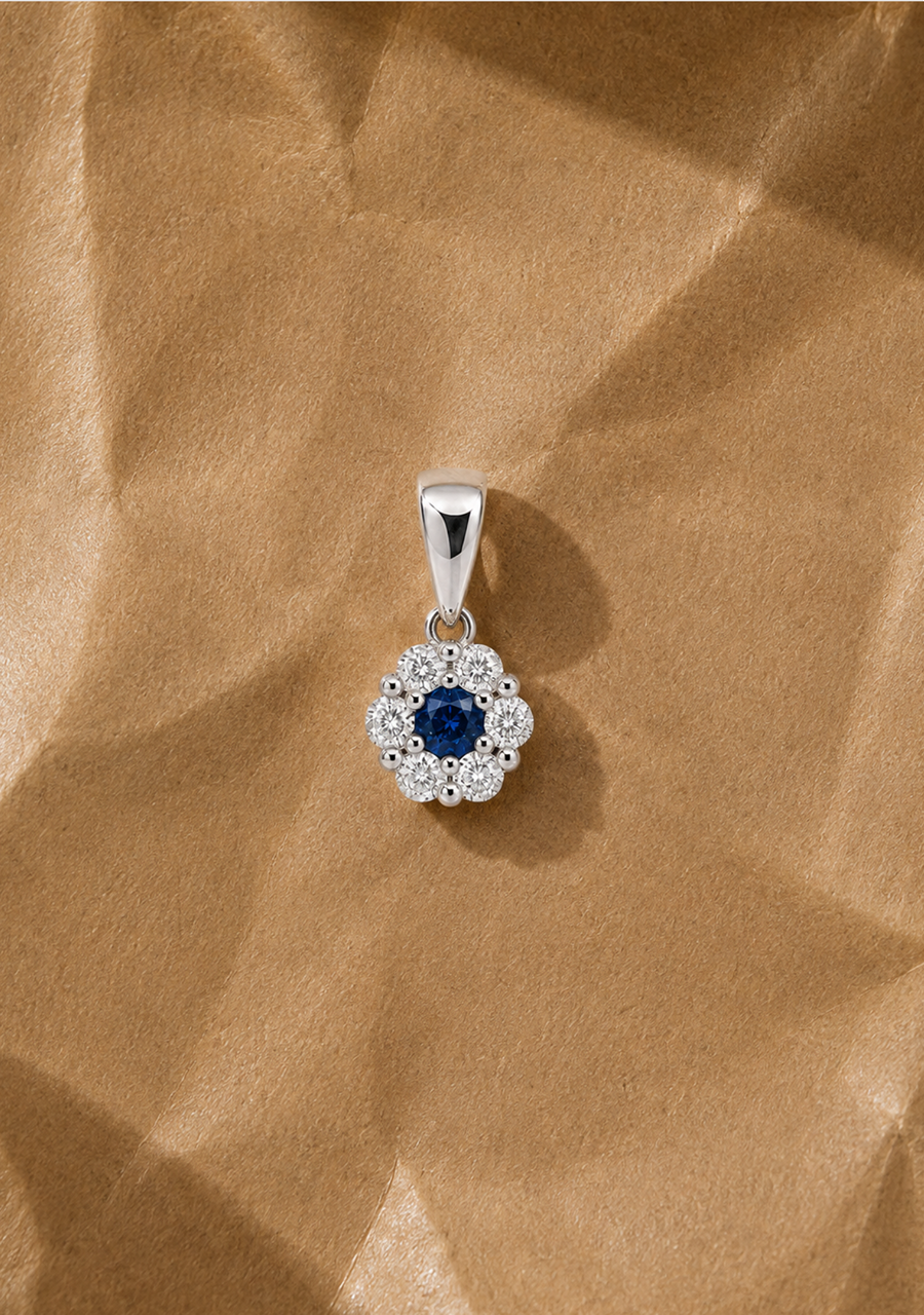 Sapphire & Diamond 9ct White Gold Cluster Pendant