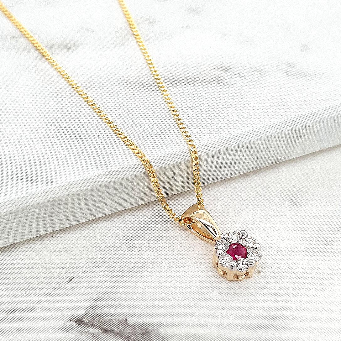 Ruby & Diamond 9ct Yellow Gold Cluster Pendant