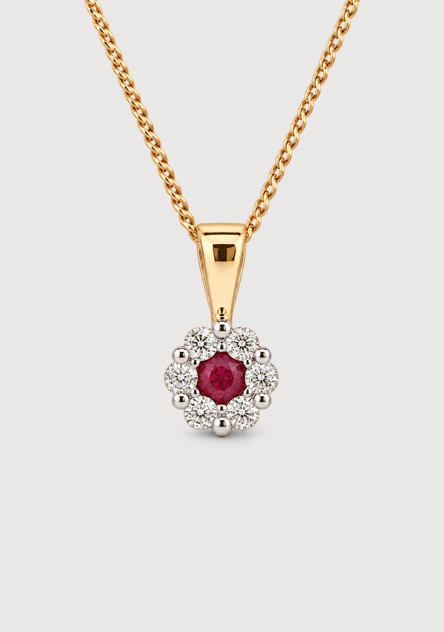 Ruby & Diamond 9ct Yellow Gold Cluster Pendant