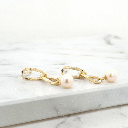 9ct Yellow Gold Double Link Freshwater Pearl Drop Earrings - Pearl