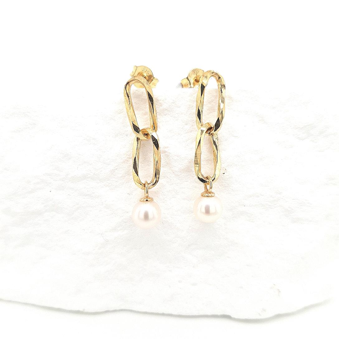 9ct Yellow Gold Double Link Freshwater Pearl Drop Earrings - Pearl