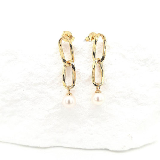 9ct Yellow Gold Double Link Freshwater Pearl Drop Earrings - Pearl