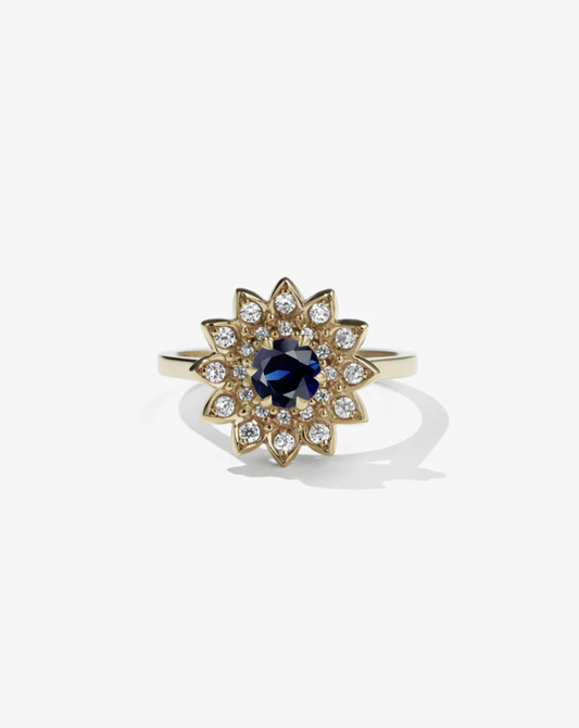 Meadowlark Dahlia Ring 9k Yellow Gold Dark Blue Sapphire & Diamonds
