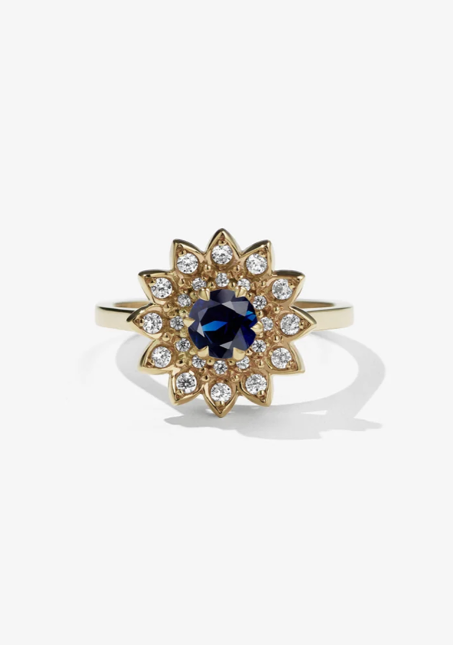 Meadowlark Dahlia Ring 9k Yellow Gold Dark Blue Sapphire & Diamonds