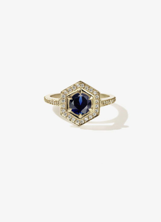 Meadowlark Hex Engagement Ring 9k Yellow Gold Midnight Blue Sapphire and Diamonds