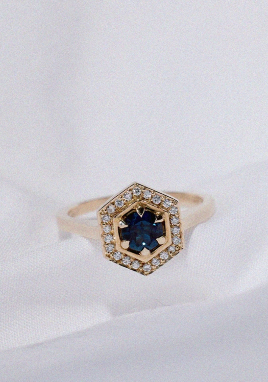 Meadowlark Hex Engagement Ring 9k Yellow Gold Midnight Blue Sapphire and Diamonds