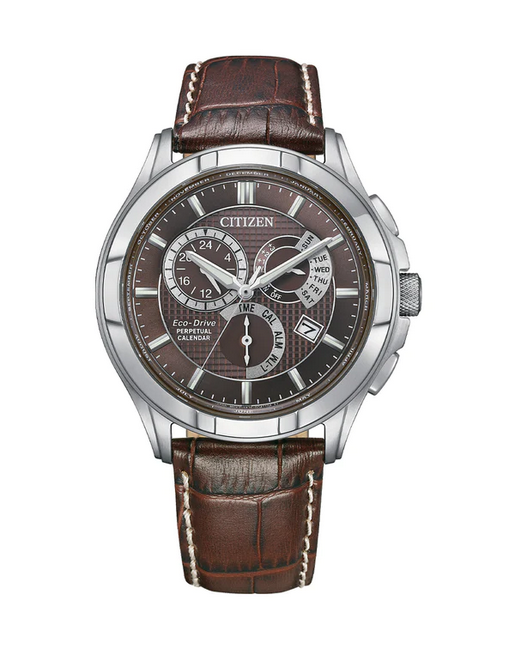 Citizen Gents Stainless Steel Eco-Drive 100m WR Watch with Brown Leather Strap